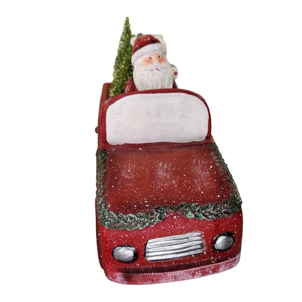 Santa Claus in a Red Truck Christmas Bottle Brush‎ Trees Folkart Distressed READ